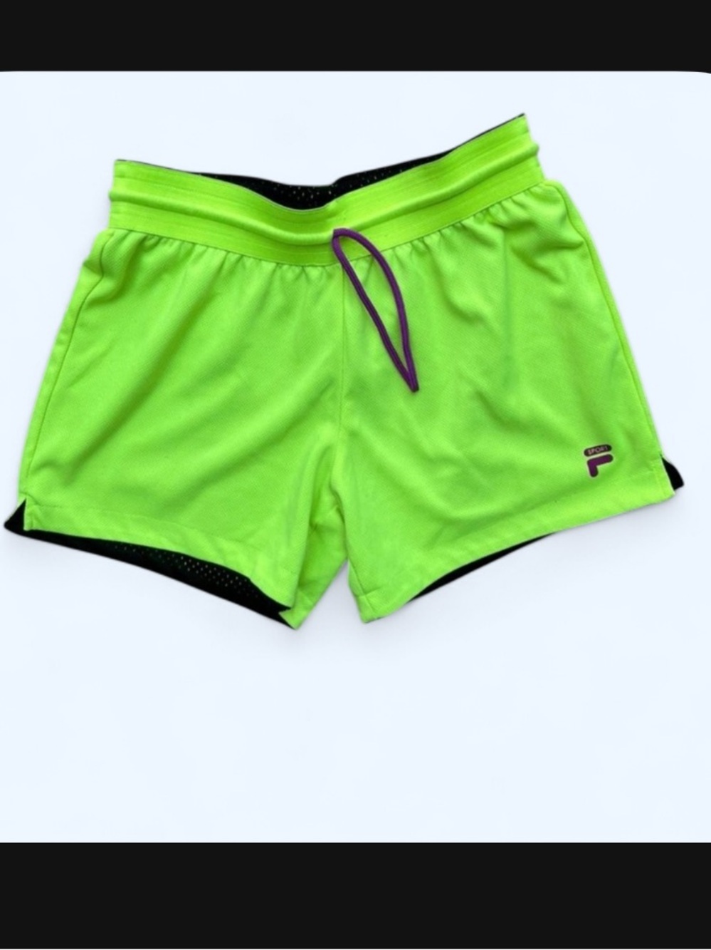 Fila Neon Lime Athletic Shorts with Purple Drawstring